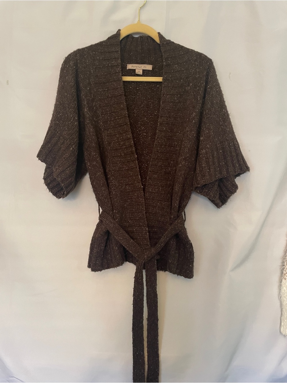 Forever 21 Chocolate Brown Short-Sleeve Belted Knit Sweater tie belt M